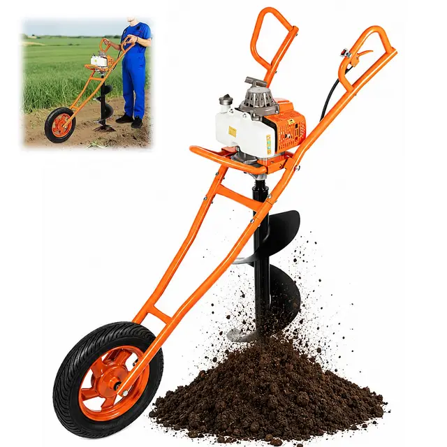 Ahoyadora Gasolina 2 Tiempos Motor 63 CC 2,2KW Empuje Manual Ahoyador con 300mm Broca, Ruedas Profesional Barrena para Tierra Compactadora De Tierra para Granja, Huerto