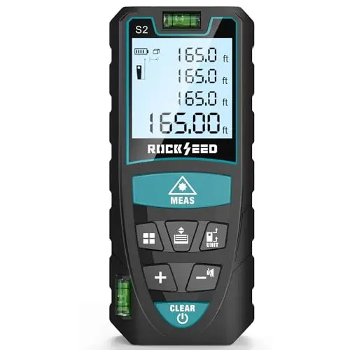 Medidor Láser,RockSeed Medidor de Distancia Láser Digital con 2 Niveles de Burbuja,Telémetro Láser Portátil con LCD Retroiluminado Unidad M/in/Ft y Medición de Distancia/Area/Volumen/Pitagórico