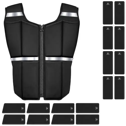 ONETWOFIT Chaleco Lastrado Ajustable 20 kg, Chaleco Peso Entrenamiento con 16 Pesas de Silicona, Chaleco Lastre con Cremallera, para Musculación y Entrenamiento de Fuerza,con bandas reflectantes