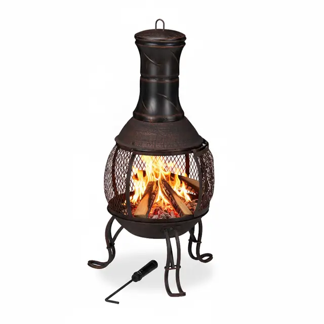 Relaxdays Chimenea Jardín, Estufa Leña, Brasero Exterior, Protección Antichispas, Terraza, Altura 89 cm, Rojo y Bronce