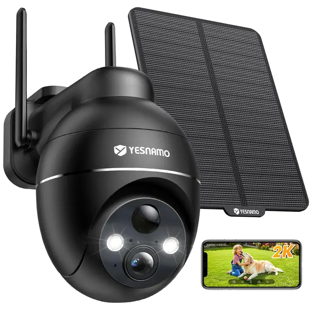 Camara Vigilancia WiFi Exterior Solar 2K sin Cables, YESNAMO Camara Solar con Batería Recargable, 360° PTZ Visión Nocturna Color, Sensor Movimiento PIR, IP66, Sin Suscripción (Negro)