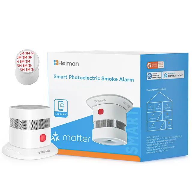 Heiman Detector de Humo Matter Over Thread, con Soporte Magnético, Batería Reemplazable 5 Años, EN 14604, Hub Requerido, para Apple Home, SmartThings & Home Assistant, HS1SA-M