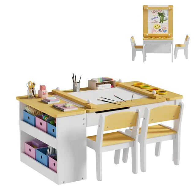 MSFE Mesa Infantil Madera con Sillas,Escritorio de Caballete de Madera para Niños Pequeños con 6 Cajas de Almacenamiento con 2 Sillas de Maderas, Mesa de Juego para Niños,104 * 60 * 53CM