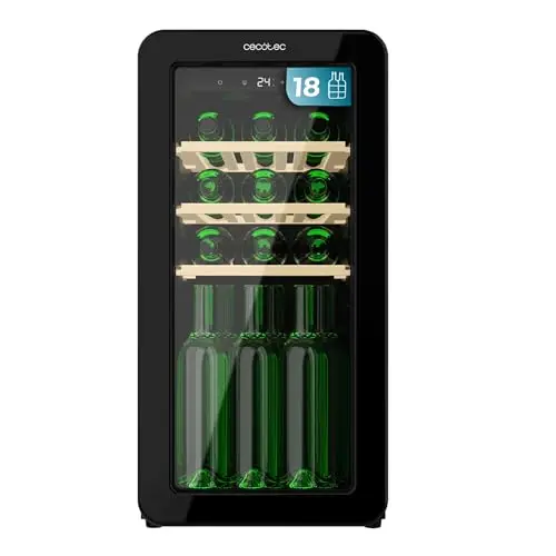 Cecotec Vinoteca 18 Botellas Retro Bolero Grandsommelier Origin 18 Hit Black. Acabado En Negro Con Control Led, Temp. 5-20ºC, Compresor, NoFrost, Estantes Madera, Luz Interior, Ventilación