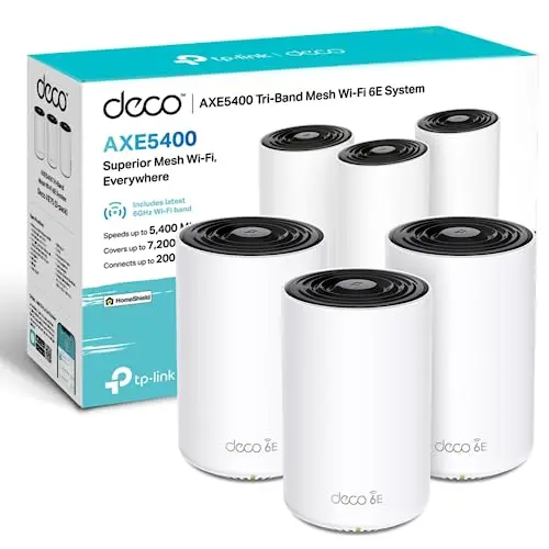 TP-Link Deco XE75 (Pack de 3) - WiFi 6E Mesh AXE5400 Triple Banda – Router Mesh para Toda la Casa, Cobertura hasta 668 m², 200 Dispositivos, 3 Puertos Gigabit, WPA3
