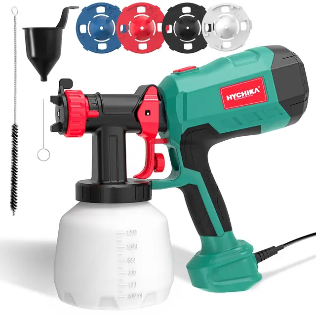 HYCHIKA Pistola Pintura, Pistola de Pintura HVLP de 600W, Depósito de 1200ML 4 Boquillas y 2 Herramientas de Limpieza, Pulverizador de Pintura de 3 Patrones para Paredes y Techos, Vallas
