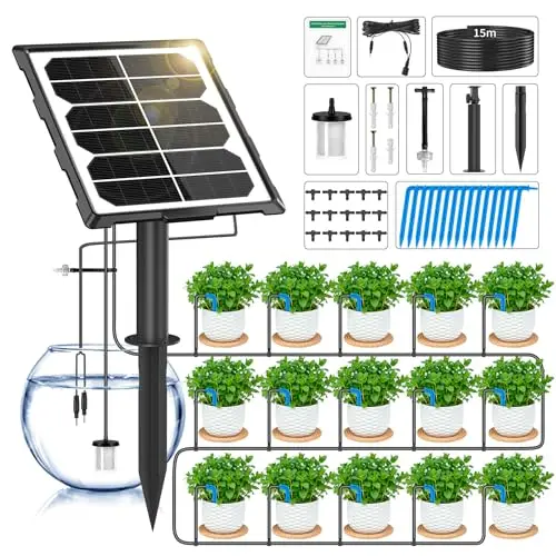 Forever Speed Sistema de Riego Automático Solar 6 Modos con sensor de Agua, Kit de Sistema de Riego por Goteo Automátic con Manguera de 15 M para Jardín, Balcón