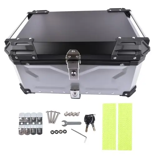 Plata 65L Maletín Superior para Moto, Maletín Universal de Aluminio Impermeable con Cierre de Seguridad para Guardar el Casco