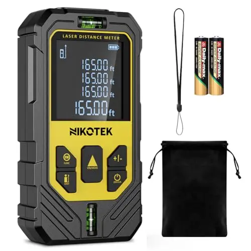 NIKOTEK Medición Láser, Medidor de Distancia Láser IP54 Telémetro de Herramienta de Medición Digital Portátil con Niveles de Burbuja y Pantalla LCD de 4 líneas (2 * Batería Incluida)