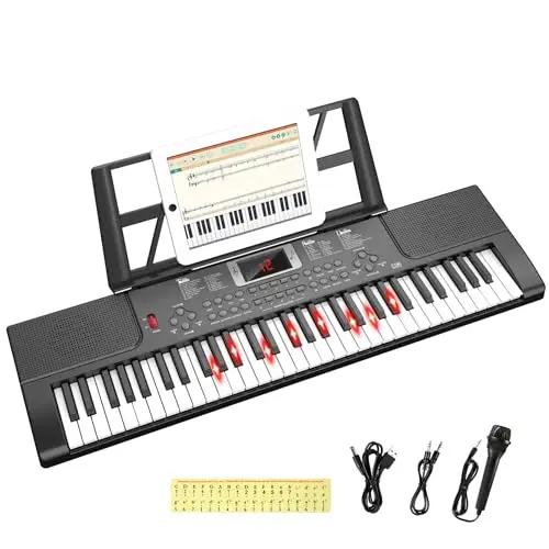 Piano digital electrónico para niños con teclas iluminadas, portátil, de 61 teclas, juguete musical educativo para principiantes con atril y micrófono.(Negro)