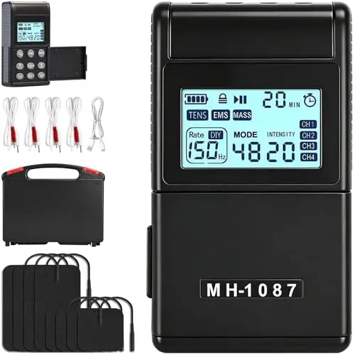 Electroestimulador Muscular 3 en 1 TENS Electroestimulador 4 Canales con Función TENS EMS y Masaje, 48 Modos y 20 Intensidad con 8 Electrodos para El Alivio Del Dolor y Entrenamiento