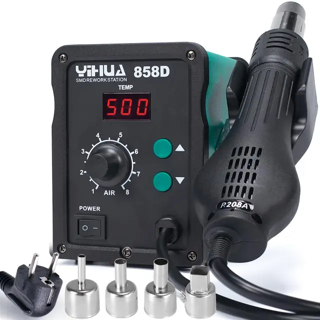 YIHUA 858D estacion soldadura aire caliente SMD desoldadura estacion de calor de 700W con temperatura y volumen de aire ajustable, control de temperatura PID, función de inicio/parada auto EU plug