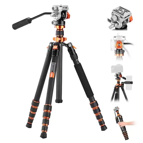 K&F CONCEPT Trípode Cámara 173cm de Fibra de Carbono O255C4+FH-03, Arca Swiss Compatible para Trípode de Cámara DSLR Carga 5kg