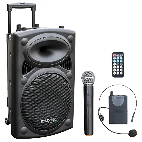 Ibiza PORT12VHF-BT Altavoz PA Portátil BT Alimentado por Batería de 12"/30 cm – 700 W Máx. / 350 W RMS – Karaoke con 2 Micrófonos VHF Incluidos (de Mano + Diadema) – TWS – USB, SD, Rec, VOX – Trolley