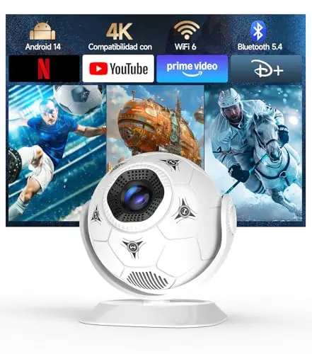 Magcubic Mini Proyector Portátil 4K 1080P Support, Diseño Fútbol 360° – Proyector Móvil Cine en Casa WiFi 6 Bluetooth 5.4, Auto Keystone, Tiro Corto, Altavoz 15W para Smart TV, Android 14 HY300F
