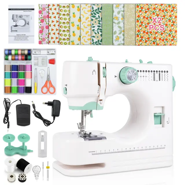 Máquina de Coser Eléctrica Portátil con Prensatelas de Aguja Doble Intercambiable, 12 Patrones + Control Velocidad, 20 Telas Florales (20x20 cm), Pedal y 60+ Accesorios para Principia (Sin extensión)