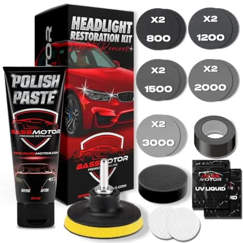 BASSMOTOR Pulir Faros Coche ITV - Kit Completo - Kit Pulir Faros - Pulido Faros - Pulidora de Faros - Headlight Polishing Kit - Restauracion Faros - Barniz Faros - Polimero Liquido