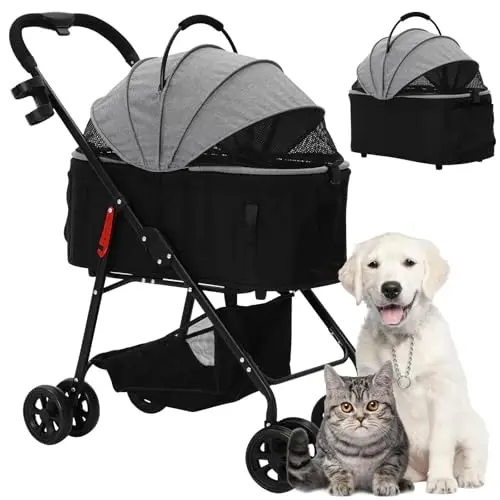 Cochecito para perros 3 en 1, cochecito para perros medianos plegable, hasta 20 kg, caja de transporte para mascotas, carrito para perros con asiento de coche desmontable y compartimento para