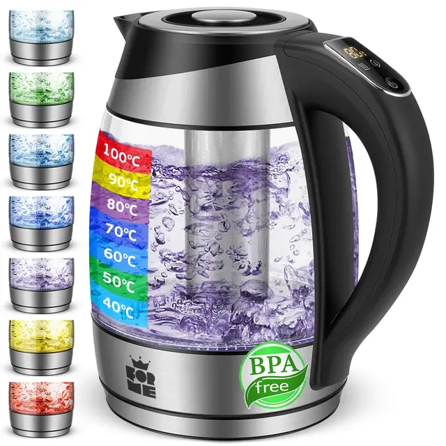 FOR ME Hervidor Eléctrico de Vidrio Agua con Filtro de Té 1,8L, Control de temperatura, Temperatura ajustable de 40°C a 100°C, Iluminación LED de 7 Colores, Función de Mantener Caliente, Libre de BPA