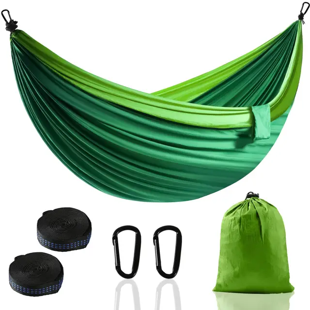 Hamaca de camping al aire libre, hamacas de paracaídas portátiles superligeras con dos correas de árbol, árbol de viaje de nailon individual (verde oscuro, 280 x 140 cm)
