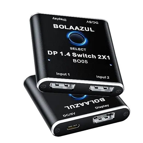 Interruptor DisplayPort 8K de 2 Puertos, BolAAzuL Displayport 1.4 Switcher 2 en 1 Salida, Caja de interruptores DP unidireccional 8K a 60Hz, 4K a 120Hz, 2K a 144Hz para PC, Monitor