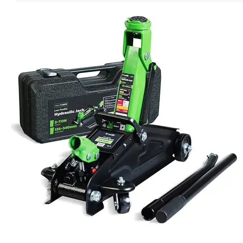 Cric hidráulico de 2 toneladas DRIVEUPTOOLS con maleta de transporte – Altura de elevación 13,5–34 cm – Compacto y robusto para coches y SUV – Herramienta confiable de 2000 kg para garaje y taller