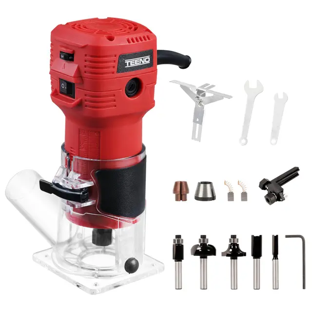 TEENO Fresadora De Madera Rebajadora Eléctrica 800W 15000-32000 RPM CON EXTRACTOR DE POLVO, 6 Velocidades Variables, 5 piezas Alicates de 1/4'',Pinza De Base Fija De 6/6.35MM