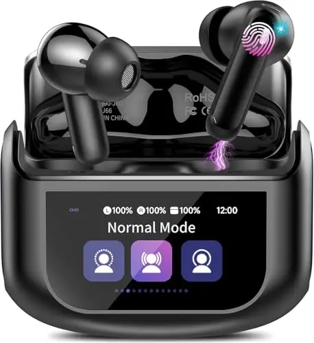 Auriculares Inalambricos Bluetooth, 48H Auriculares Bluetooth 5.4 con Pantalla Táctil LED, 4 Mic con Reducción de Ruido ANC+ENC, HiFi Estéreo Cascos Inalambricos con IP7 Impermeable, Negro Puro