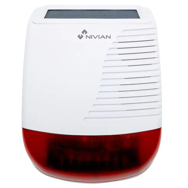 Nivian NVS-SOLARSIREN - Sirena de Exterior Inalámbrica, Recarga Solar 120 dB con Flash LED, Impermeable IP65, Batería Recargable, Alcance 80 m, Antimanipulación