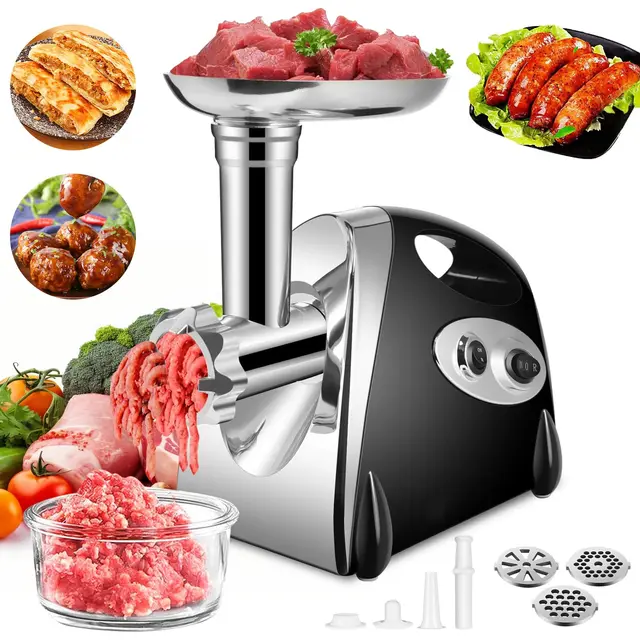 SINZUX Picadora de Carne y Salchichera Eléctrica, 2800 W Enchufe para Picar Carne y Salchichas, Gira Hacia Adelante y Hacia Atrás, con 3 Placas de Corte Diferentes (Negro)