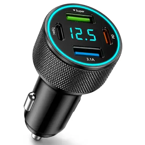 67,5W Cargador Movil Coche, Cargador Carga Rapida 4 Puertos con USB C PD 30W y USB A QC 22,5W, 12V/24V Adaptador Coche Mechero Tipo-C con Pantalla LED de Voltaje para Móvil, Tablet y GPS