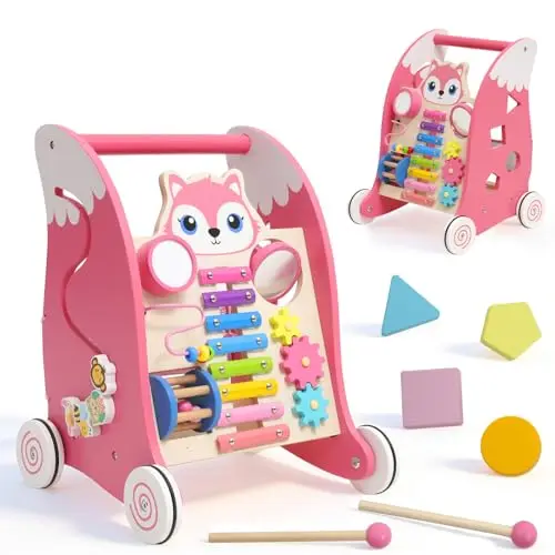 Andador Madera bebe con Características Montessori Multifuncionales Tacata bebe con Xilófono, Instrumentos Musicales y Clasificador de Formas.Correpasillos bebe 6-12 meses (Rosa).
