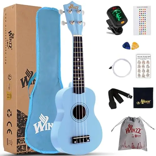 Winzz Ukelele Soprano Starter Kit para Principiante. Incluye: Funda, Afinador, Cuerdas Extra, Correa Ajustable, Púas, Pegatinas de notas, Guía de Acordes y Paño de pulido. Color: Azul