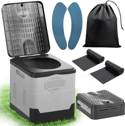 WC Portátil Plegable, 25L de Capacidad, Soporta hasta 150KG – Inodoro Portátil con 24 Bolsas Desechables, Bolsa de Transporte y Cojín, para Camping, Autocaravana, Senderismo