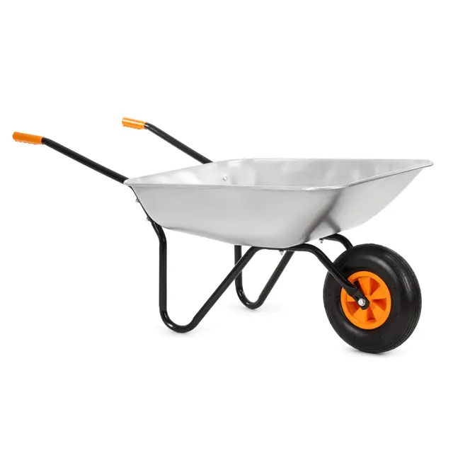 Springos Carretilla de 120 l con neumáticos de aire y bandeja de acero galvanizado, capacidad de carga de hasta 100 kg, para jardín, construcción, patio, taller, color plateado y naranja