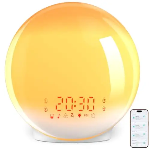 Despertador Luz, Wake Up Light, Despertador con Simulación de Amanecer y Atardecer, App Control, 4 Alarmas, Snooze, Calibración Automática de Hora, Radio FM, 7 Sonidos, 12 Colores