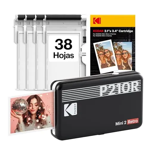 KODAK Mini 2 Retro Navidad Regalos 4Pass, Impresora Fotográfica + 38 Fotos, Fotos Instantáneas Tamaño 54X86mm, Conexión Inalámbrica Bluetooth - Negro