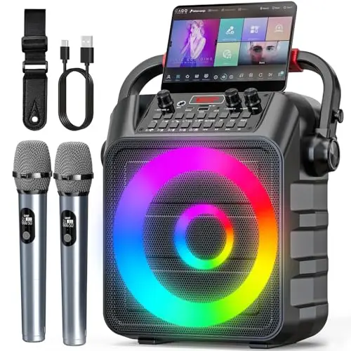 Máquina de Karaoke para adultoscon 2 micrófonos,Altavoz Profesional de Karaoke Bluetooth portátil con Luces LED,para Fiestas,Regalo,al Aire Libre,para TV,DJ.Sostener TF/USB/TWS/Mic/AUX