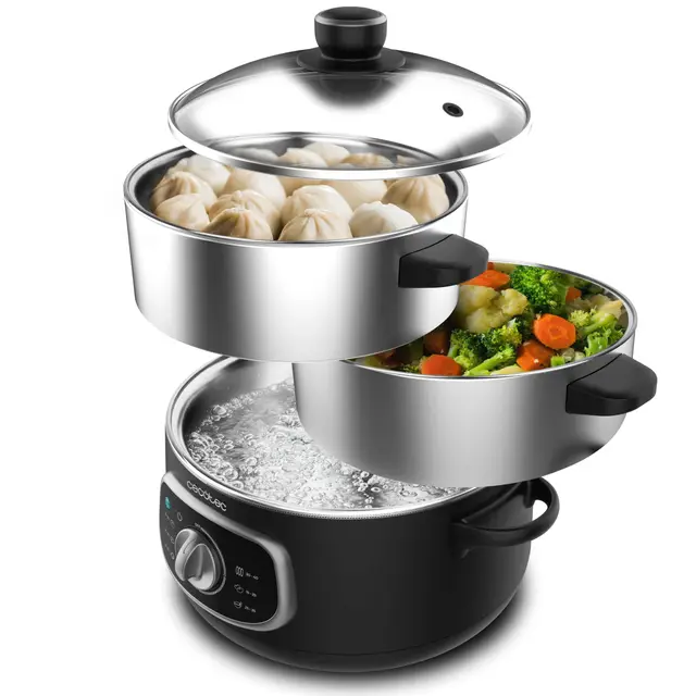 Cecotec Vaporera Eléctrica Vapovita 10L Steelpot. 1300W, Recipientes Inoxidables: 1 Depósito + 2 Vaporeras, Tiempo Ajustable, Apagado Automático, Fácil Limpieza, Tapa Especial, Cocina Saludable