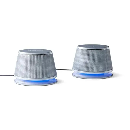 Amazon Basics Bocina 2.0 para PC o laptop, entrada auxiliar de 3.5 mm, alimentación USB, 1 par, color plateado