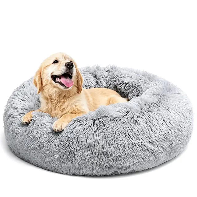 Cama para perros, mullida, cojín para perros, redondo, cama para mascotas, donut y gatos, lavable con base antideslizante, para perros grandes, medianos y pequeños, 70 cm, gris claro