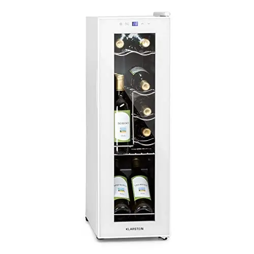 KLARSTEIN Vinoteca para Vinos de 32L Nevera Vino Una Zona, Botellas Vino, Proseco y Cervezas, Vinoteca Pequeña Puerta Cristal para Interior y Exterior, Nevera para Vinos Capacidad 12 Botellas