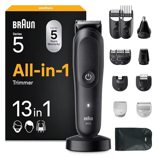 Braun Recortadora Todo en Uno Series 5 AIO5565, Negro - Kit de Styling 13en1 para Barba, Pelo, Orejas, Nariz Y Cuerpo, 120 Min, Cortapelos Hombre con Lámina Ultra Afilada, Recorte Preciso Y Eficiente