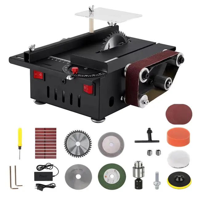 Mini Sierra de Mesa, Sierra Compacta con Lijadora de Banda, 200W Multifuncional Portátil para DIY, 4 Cuchillas, Profundidad de Corte 0,1-30mm