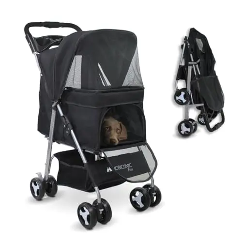 Mobiclinic® pets, Carrito para perros plegable, Ideal pequeños y senior, Zuma, Hasta 15 kg, Ruedas con frenos 360º, Cesta xxl, 3 ventanas cremallera mosquitera, Portavasos, Negro