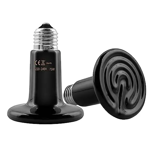 Paquete de 2 E27 75W Bombilla de Calor Infrarroja de Cerámica, Lámpara de Calor para Animales, para Reptiles de Terrario, para Anfibio, Lagartos, Tortuga, Serpiente, Pollo