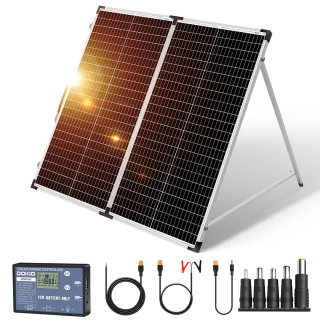 DOKIO 160W 18V Panel Solar Plegable Portátil Monocristalino con 10A Regulador de carga solar (2 puertos USB) + bolsa de transporte, para batería de 12V