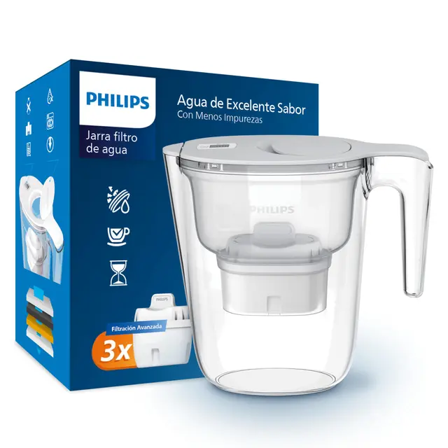 Philips Water Filtro de jarra + 3 cartuchos de filtro de repuesto, Filtración Avanzada, flujo rápido, temporizador electrónico, filtra CLORO, CAL, metales pesados y MICROPLÁSTICOS, capacidad 2,6 L