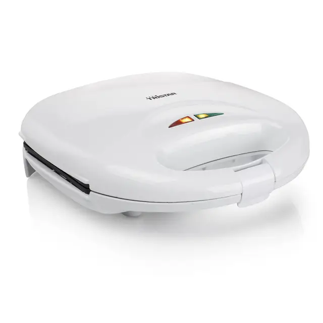 Tristar SA-3050 Sandwichera grill con placas de parrilla, tamaño compacto con compartimento para cable, potencia de 750 W, recubrimiento antiadherente, color Blanco