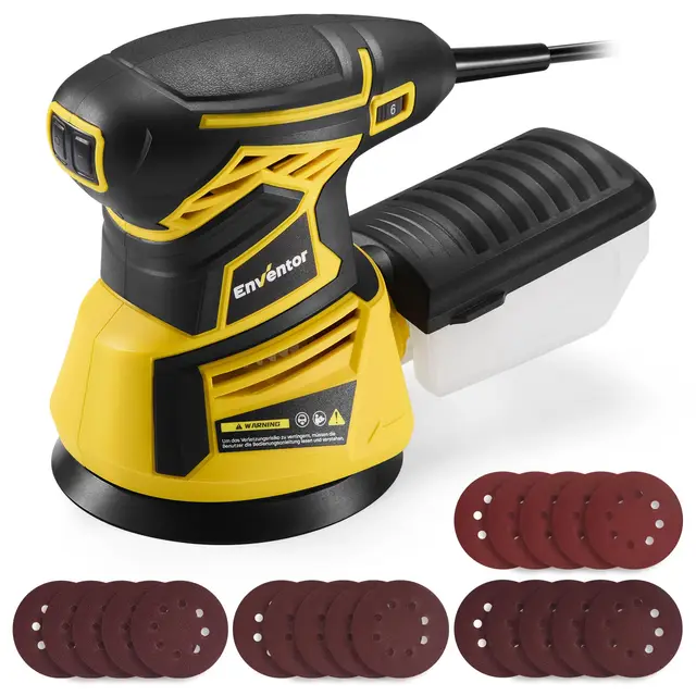 Enventor Lijadora Madera 350W, Lijadora Orbital Electrica con 6 Velocidades Variables, 6000-13000RPM, 125MM, 20PCS (80, 120, 180, 240 Grit), Lijadora Electrica para Madera y Acero